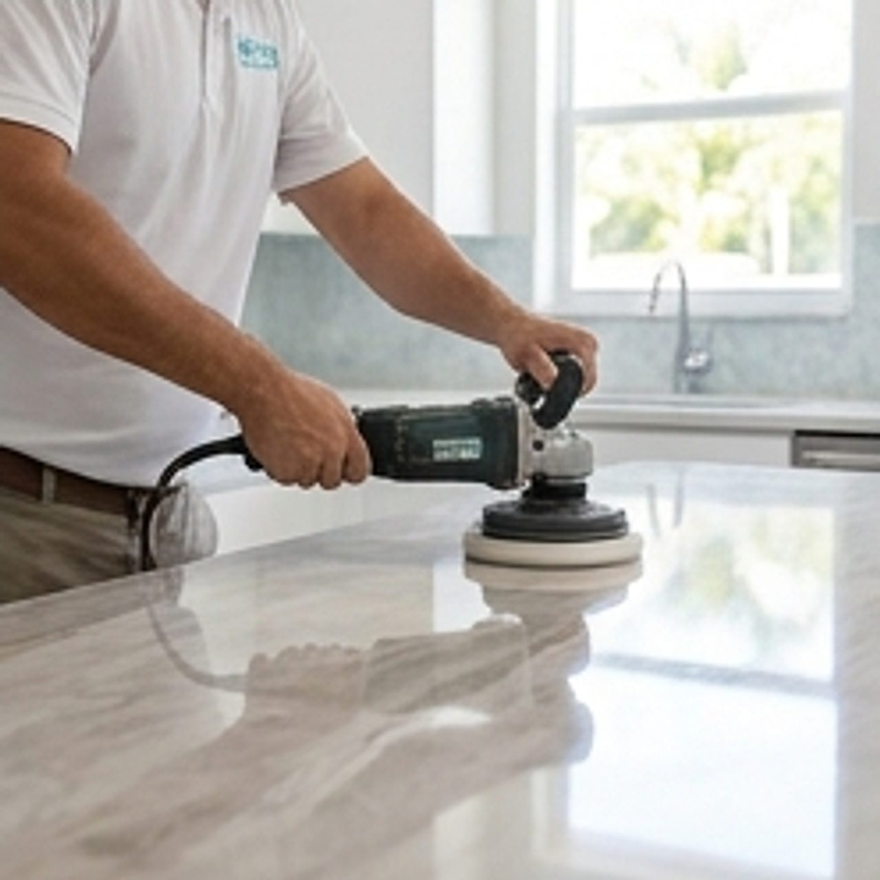 worker polishing kitchen surface