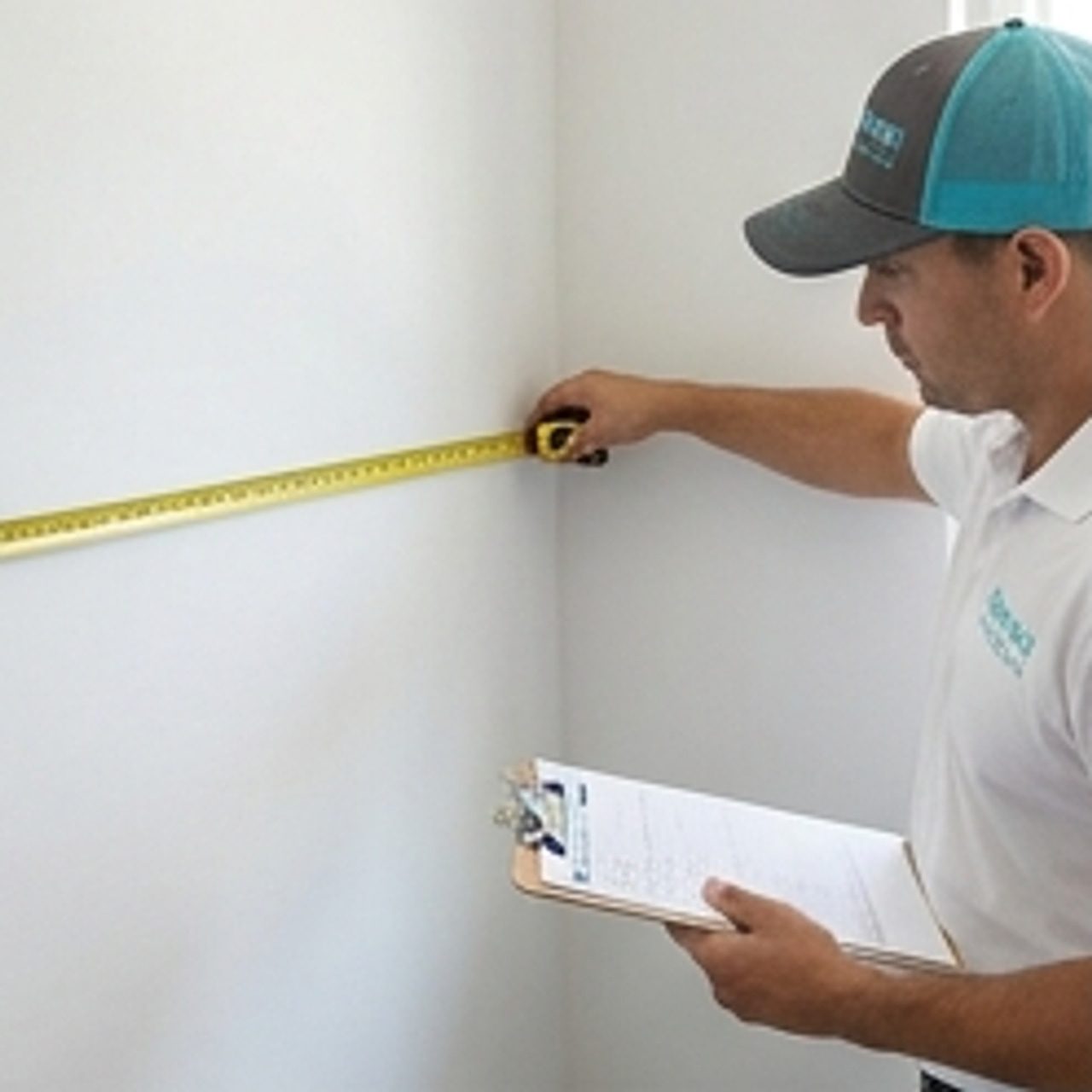 worker measuring space for tile installation