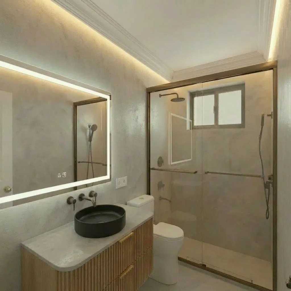 Contemporary bathroom with wood vanity, black vessel sink, and backlit mirror.